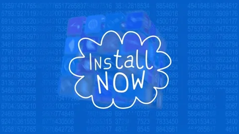 Animation of install now text and icons over binary coding on blue background Stock Footage 171620319
