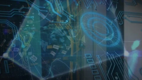 Animation of integrated circuit and processing circles over computer wires Stock Footage 329917656