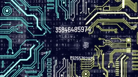 Animation of integrated circuit over changing numbers and binary code on navy Vídeos de archivo 330775347