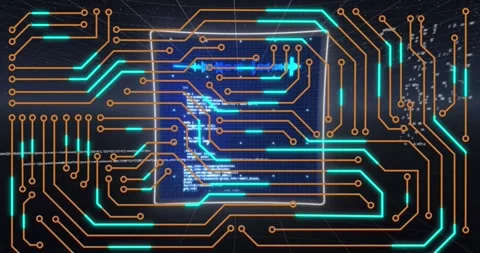 Animation of integrated circuit over data processing on screens on black Stock Footage 328310938