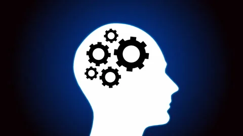 Animation of intellectual process, head with spinning cogwheels inside Stock Footage 252130251