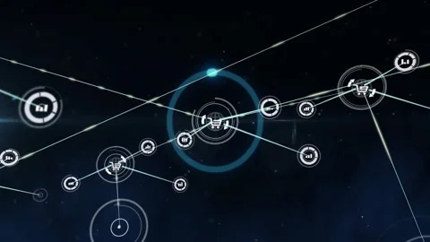 Animation of interconnected digital icons and lines on dark background Stock Footage 304202951