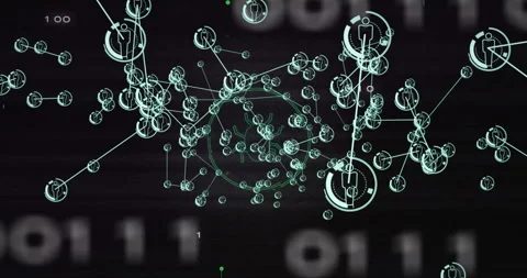 Animation of interconnected network nodes and lines over binary code background Stock Footage 303870496