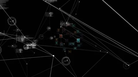 Animation of interconnected nodes and data visualizations on black background Stock Footage 303869667