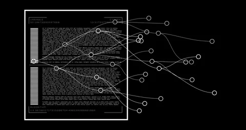 Animation of interconnected nodes over text and barcode elements for data Stock Footage 304840031