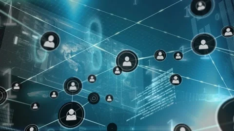 Animation of interconnected profile icons, falling binary codes and globe over Stock Footage 329419943