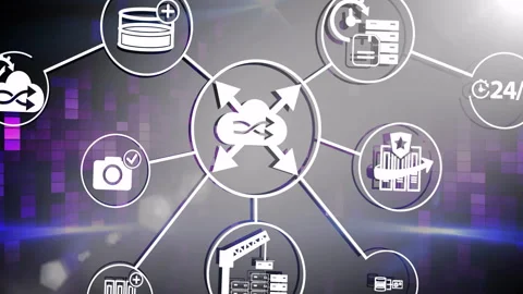 Animation of interconnected technology icons illustrating data management in Stock Footage 304764803