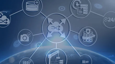 Animation of interconnected technology icons over digital globe in school Stock Footage 303675479