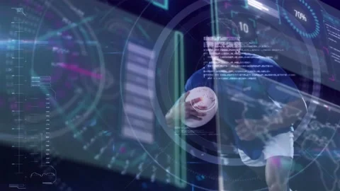 Animation of interface and data processing over male rugby player diving with Stock Footage 164575659
