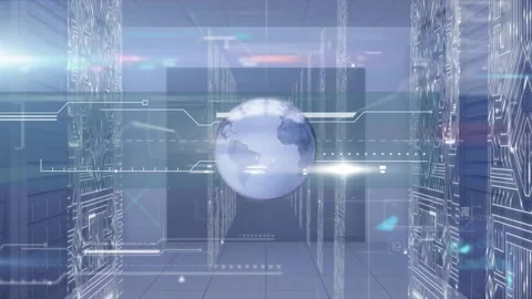 Animation of interface and globe icon against microprocessor connections over Stock Footage 330664439