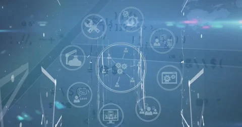 Animation of interface with business, construction and data sharing icons over Vidéo 197089624