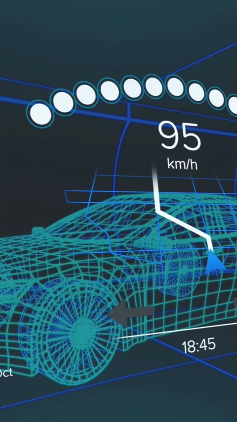 Animation of interface with charging battery icon and speedometer over car Vídeos de archivo 342136563