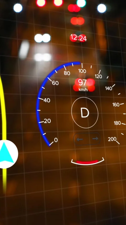 Animation of interface with charging battery icon and speedometer over road Vídeos de archivo 342136564