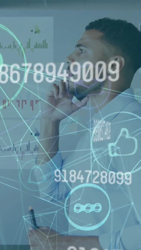 Animation of interface with connected media icons with man talking on phone in Stock Footage 331646379