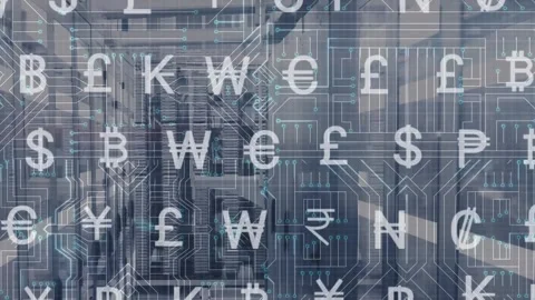 Animation of interface with currency symbols and microprocessor connections Stock Footage 254074892