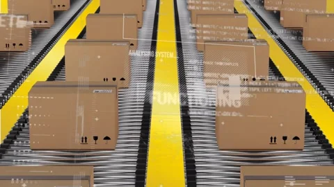 Animation of interface with data processing against delivery boxes on conveyer Stock Footage 253526736
