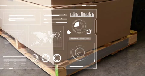 Animation of interface with data processing against delivery boxes on wooden Stock Footage 260887371