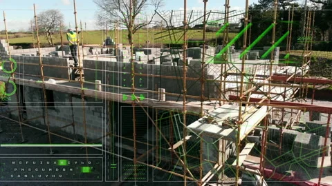 Animation of interface with data processing against construction site Vídeos de archivo 315730601