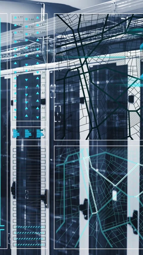 Animation of interface with data processing against computer server room Stock Footage 319974894