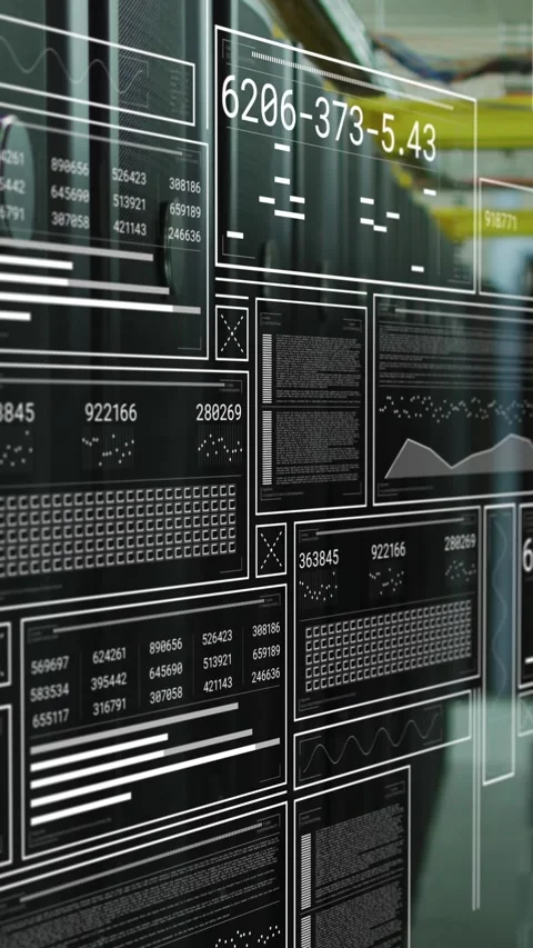 Animation of interface with data processing against empty computer server room Stock Footage 321323880