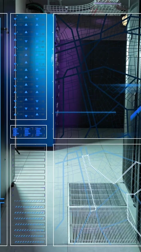 Animation of interface with data processing against computer server room Stock Footage 321440840