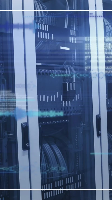 Animation of interface with data processing against computer server room Stock Footage 321580562