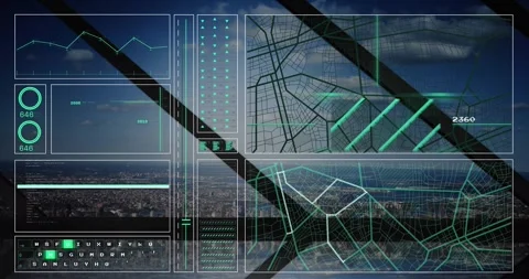 Animation of interface with data processing against aerial view of cityscape Stockbeeldmateriaal 326095851