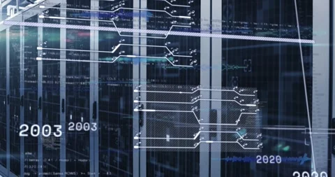 Animation of interface with data processing against computer server room Stock Footage 327064586