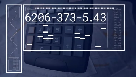 Animation of interface with data processing against calculator falling over 스톡 동영상 327450238