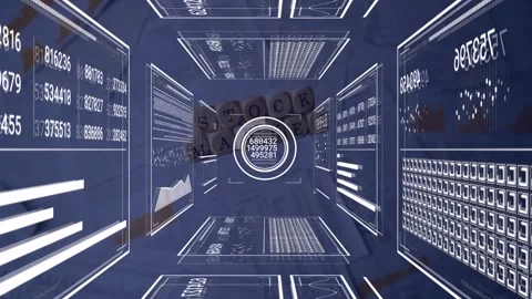 Animation of interface with data processing against stock market text blocks Stock Footage 327583534