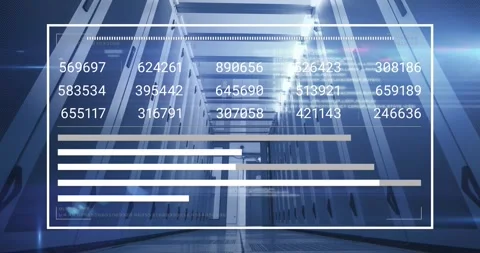 Animation of interface with data processing against computer server room Stock Footage 328646391