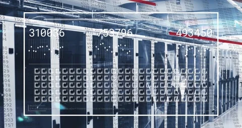 Animation of interface with data processing against computer server room Stock Footage 329289378