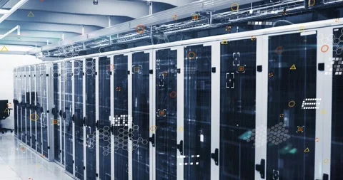 Animation of interface with data processing against computer server room Stock Footage 329368508