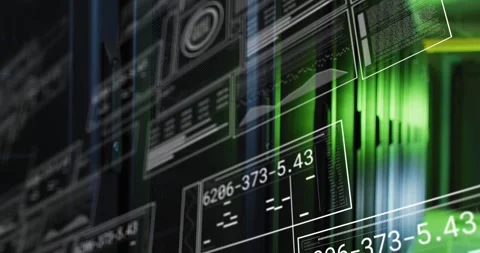 Animation of interface with data processing against computer server room Stock Footage 329418192