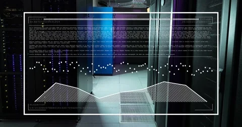 Animation of interface with data processing against empty computer server room Stock Footage 329690236