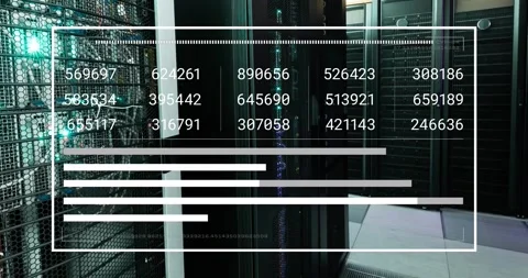 Animation of interface with data processing against computer server room Stock Footage 329705830