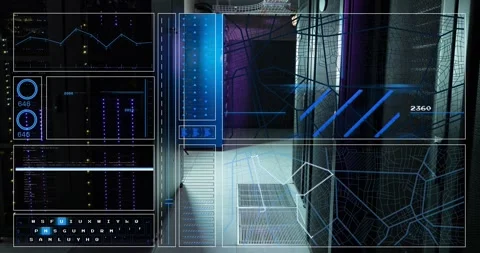 Animation of interface with data processing against computer server room Stock Footage 329771522