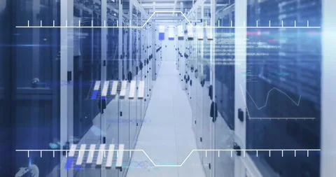 Animation of interface with data processing against computer server room Stock Footage 329922926