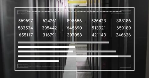 Animation of interface with data processing against computer server room Stock Footage 330058614