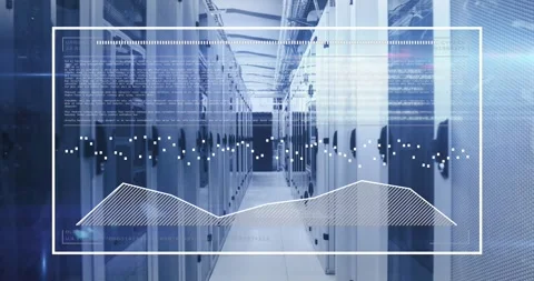 Animation of interface with data processing against computer server room Stock Footage 330254902