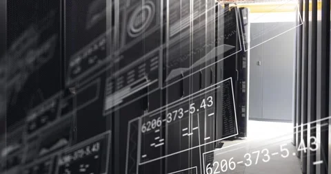 Animation of interface with data processing against computer server room Stock Footage 330297023