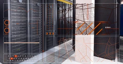 Animation of interface with data processing against computer server room Stock Footage 330402935