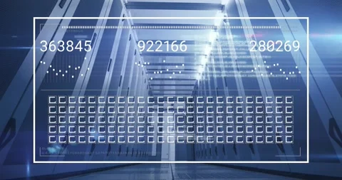 Animation of interface with data processing against computer server room Stock Footage 330659604