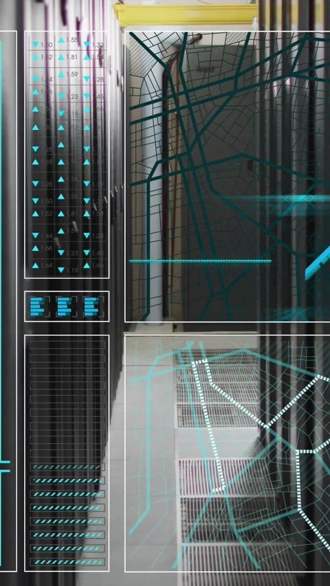 Animation of interface with data processing against computer server room Stock Footage 342650738