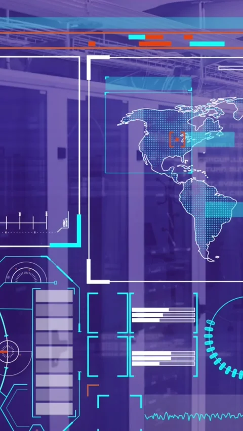 Animation of interface with data processing against computer server room Stock Footage 343644320