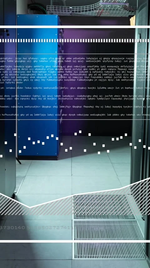 Animation of interface with data processing against empty computer server room Stock Footage 343867883