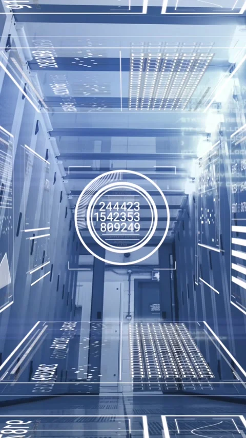 Animation of interface with data processing against computer server room Stock Footage 343888069