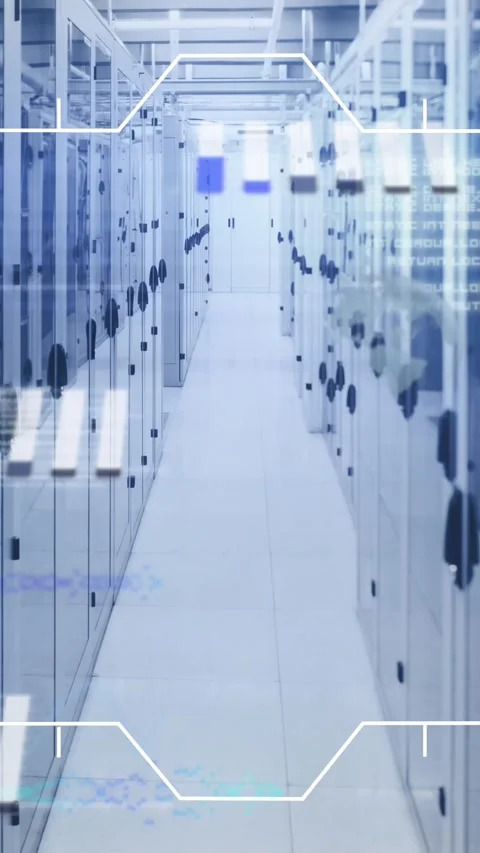 Animation of interface with data processing against computer server room Stock Footage 344011898