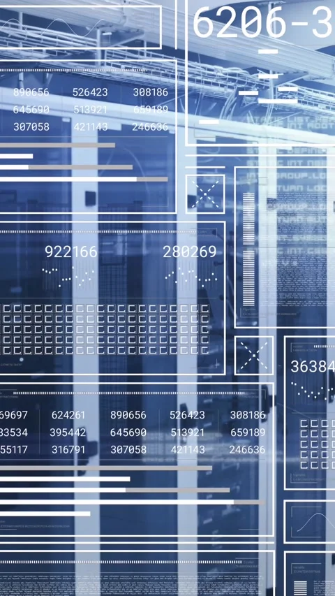Animation of interface with data processing against computer server room Stock Footage 344594560