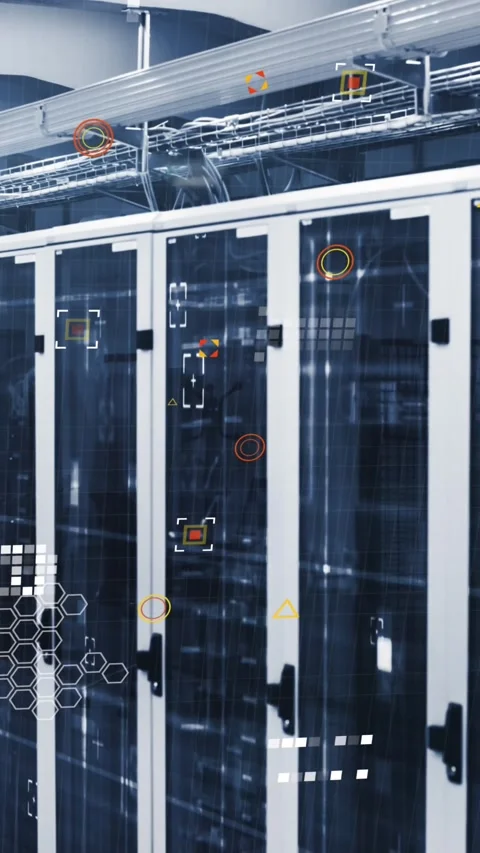 Animation of interface with data processing against computer server room Stock Footage 344613973